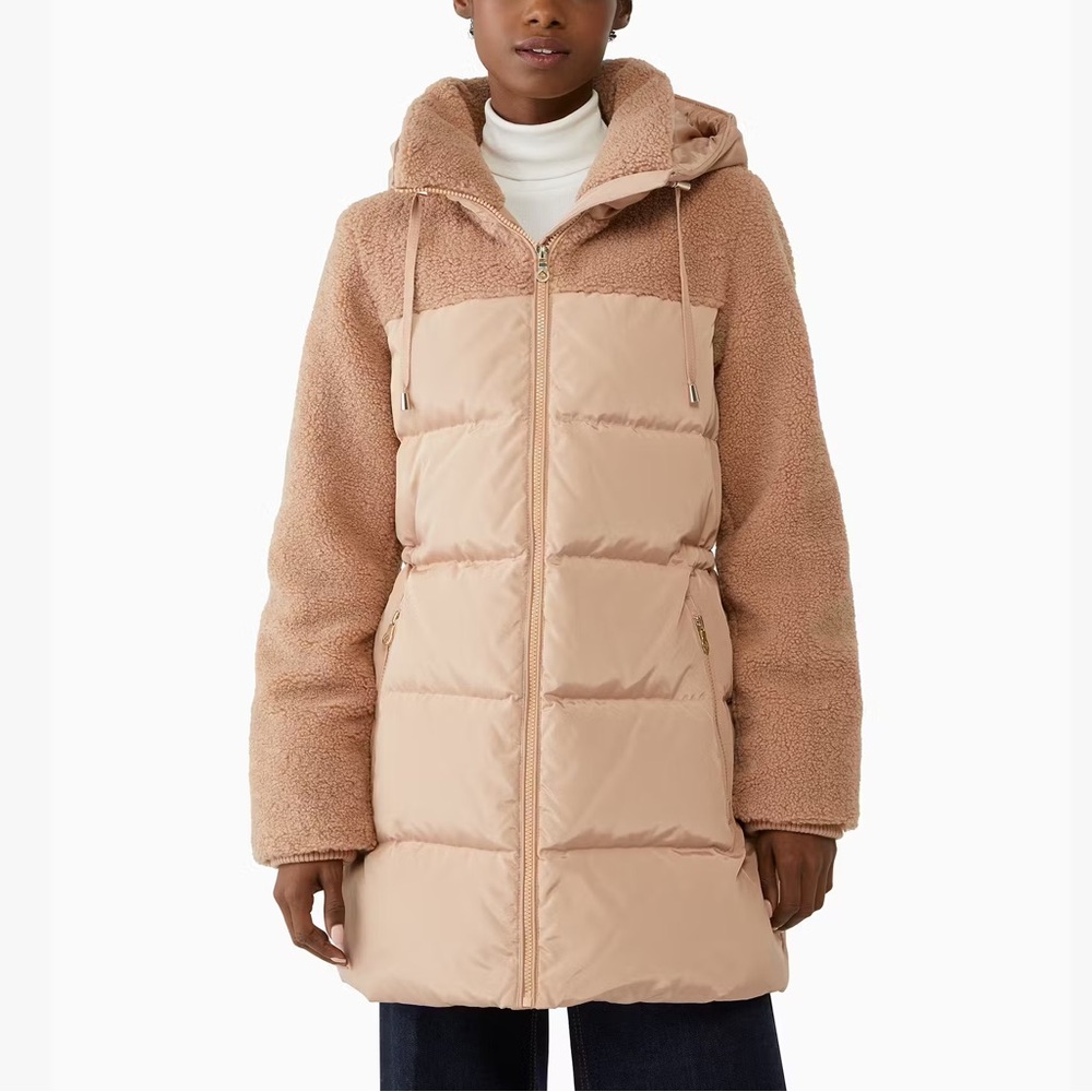 Kate Spade Mixed Media Sherpa Puffer Coat in Blush Pink